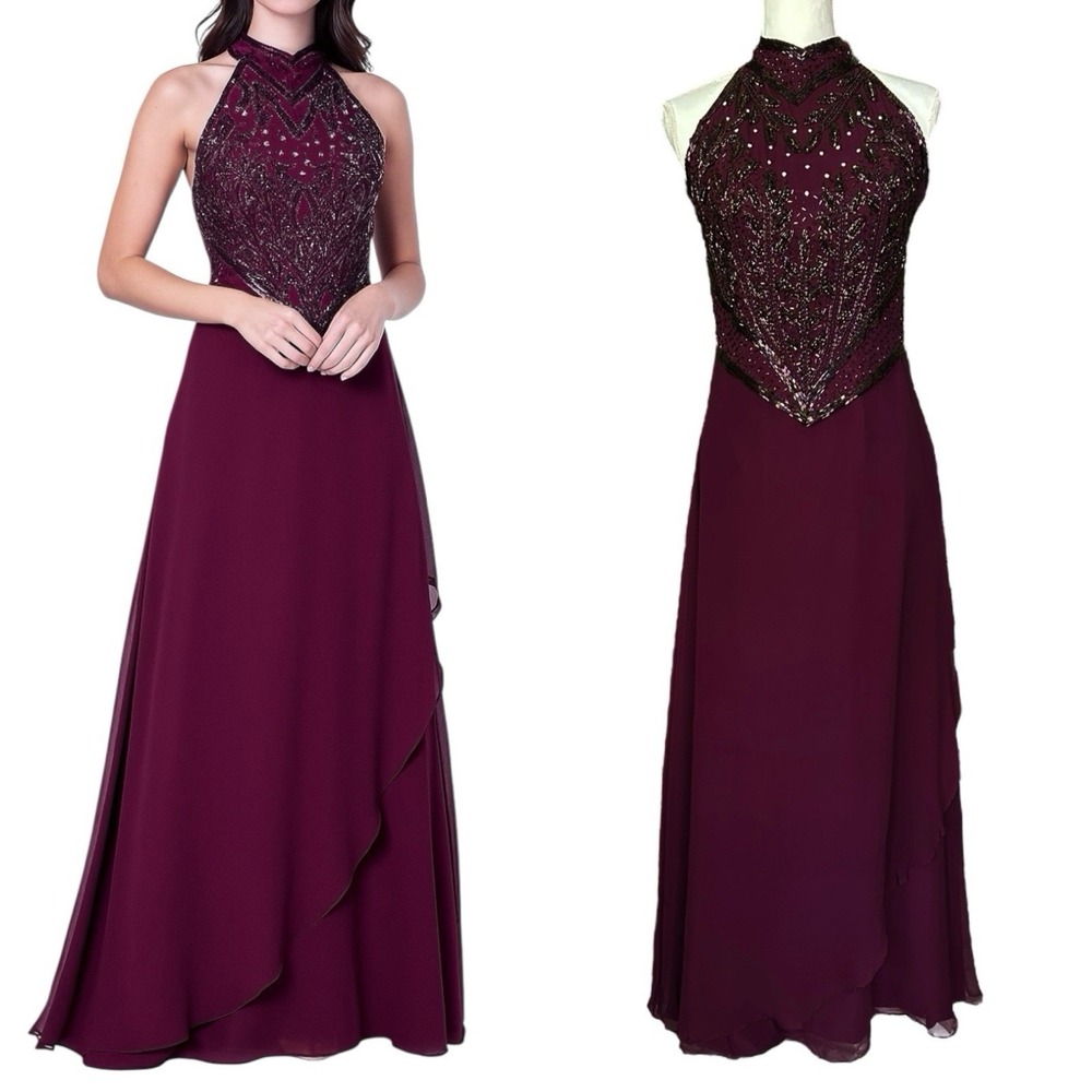 Vintage 90s JOVANI New York Purple Silk Formal Evening Gown sz 10 Beaded Dress